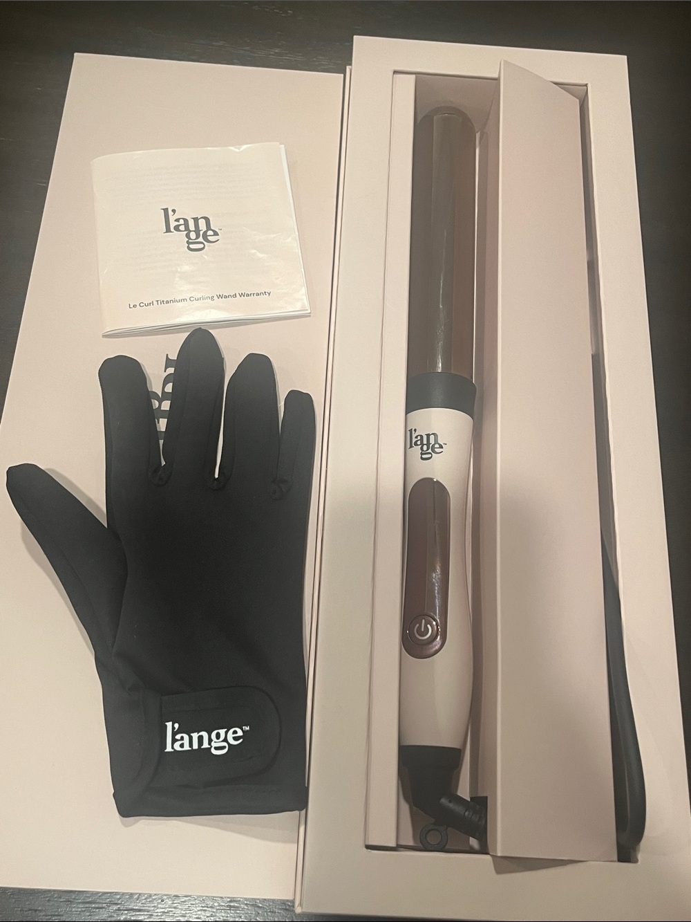 L'ange Le Curl Titanium Curling Wand in White and Rose Gold with Black Glove
